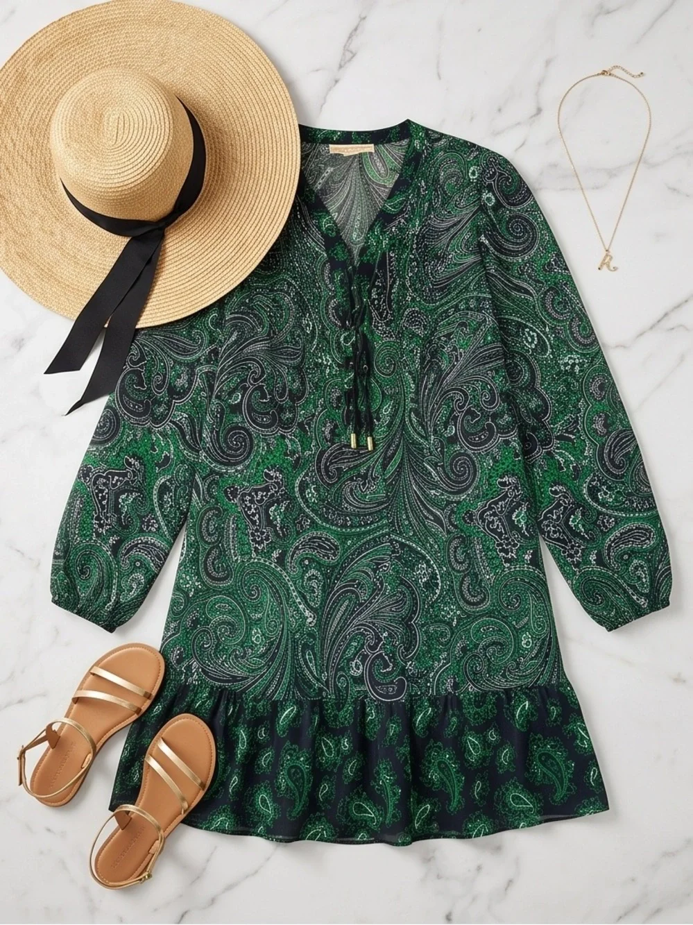 Michael Kors Green and Black Paisley Dress beach coverup/dress